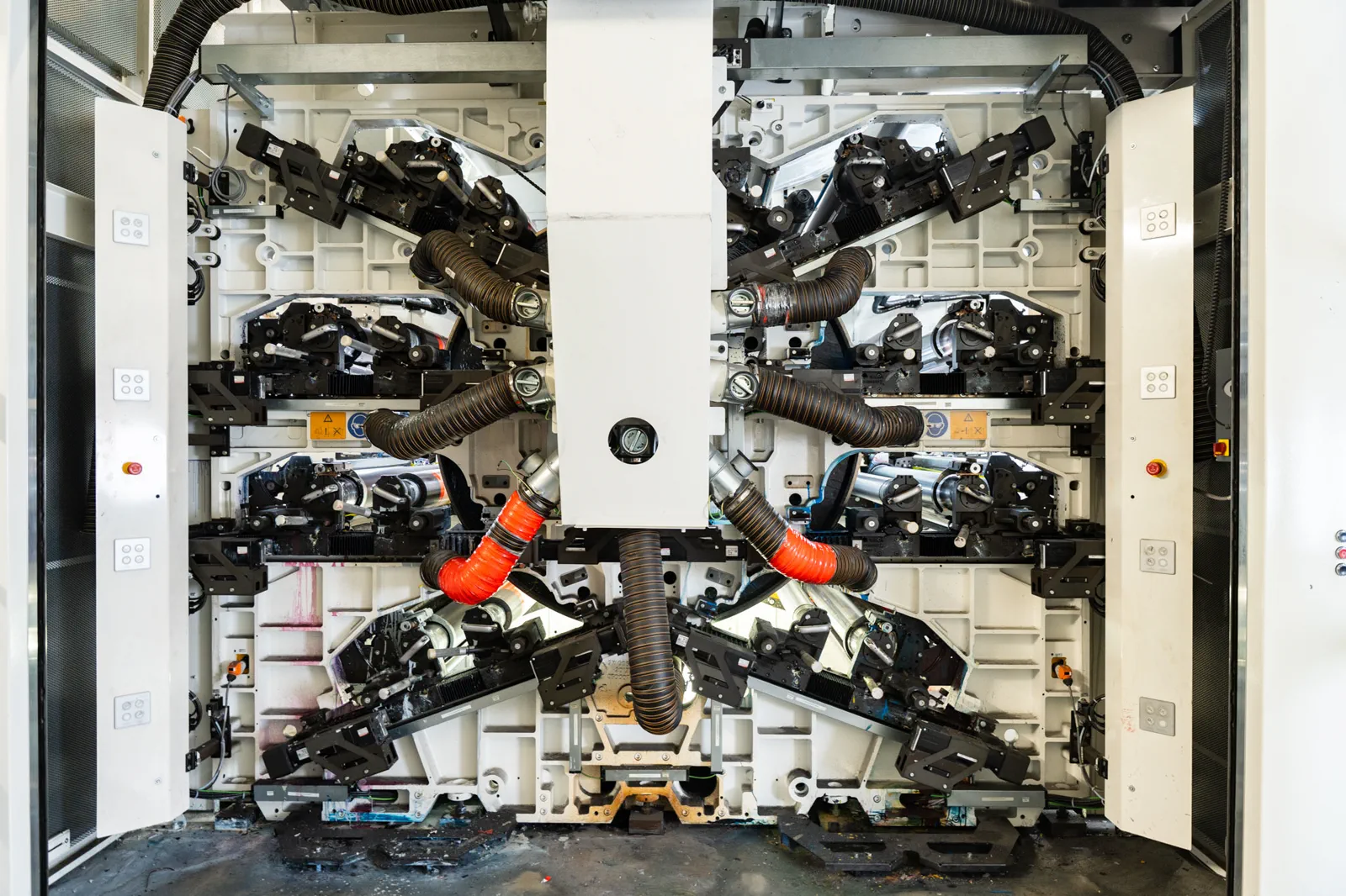 Flexographic press with central impression cylinder and eight print units